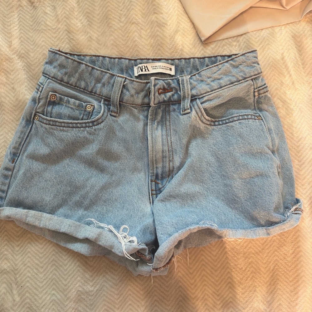 Zara Blue Jean Shorts High-Waisted Cuffed